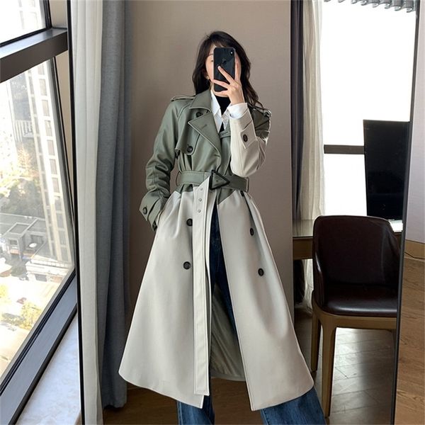 

women's wool blends coat spring autumn windbreaker jacket female green trench quality clothing leather stitching windproof long ladies, Black