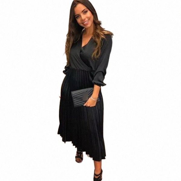 

casual drape v neck vintage dress women long sleeve high waist mini female silk black formal wedding dresses s9ca#, Black;gray