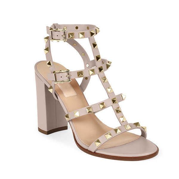 

women leather stud sandals t-strap sandal summer high heels rivets shoes ladies party shoes 6 5cm 9 5cm 15color with box no26277a, Black