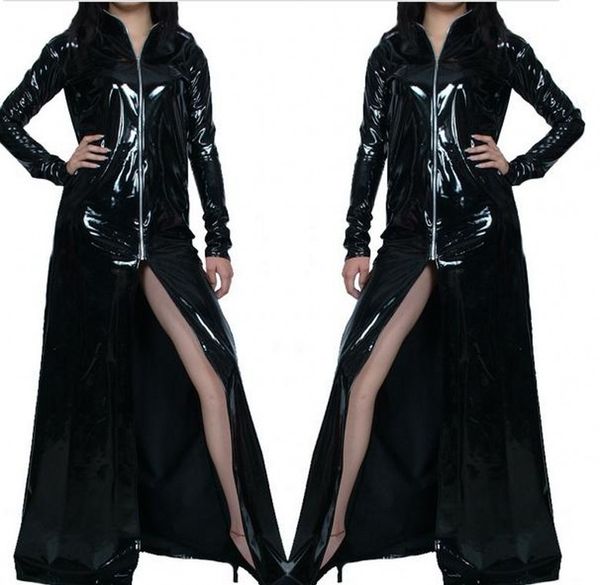 

cosplay halloween costumes black faux leather pvc front zipper skirt funy dresses