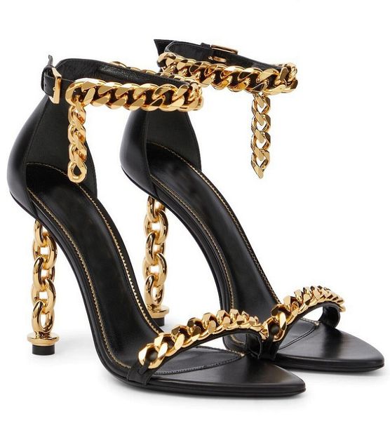 

summer luxury padlock women sandals shoes black nude white leather chain heels ankle strap chain-link lady party wedding bridal eu35-43.box