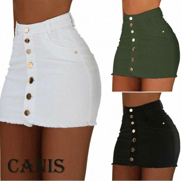 

skirts brand women stretch high waist solid skirt summer button denim short mini jeans pencil u5jh#, Black