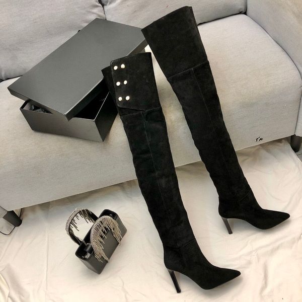 

2022 new sleeve knight boots pointed toe stiletto over knee europe and the united states high-heeled winter high boots two-wear fashion, Black