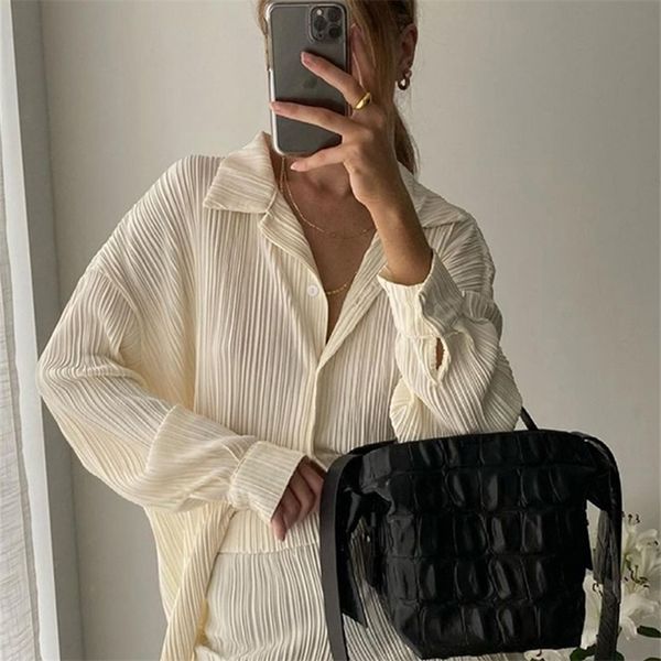 

women's two piece pants clacive causal loose home suit autumn long sleeve blouse with high wasit pants set women elegant pleated beige, White