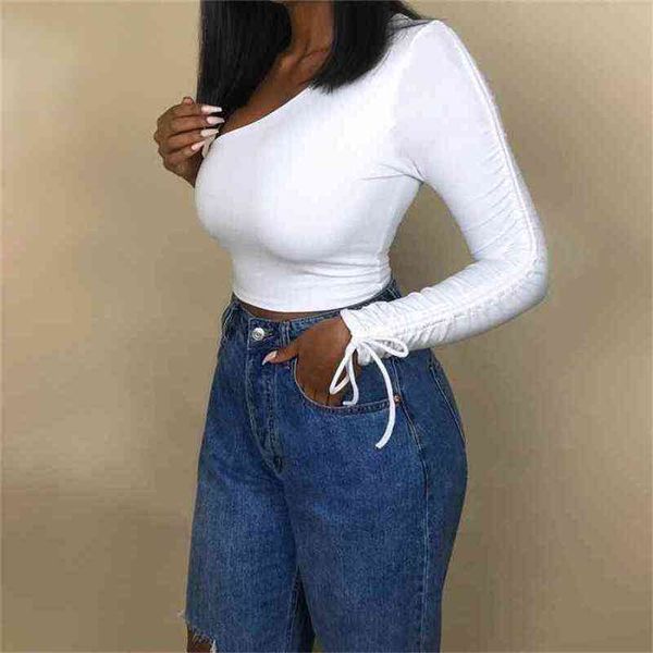 

women's t-shirt women t-shirts spring autumn solid long sleeve one shoulder slim casual clubwear ladies clothing t220919, White