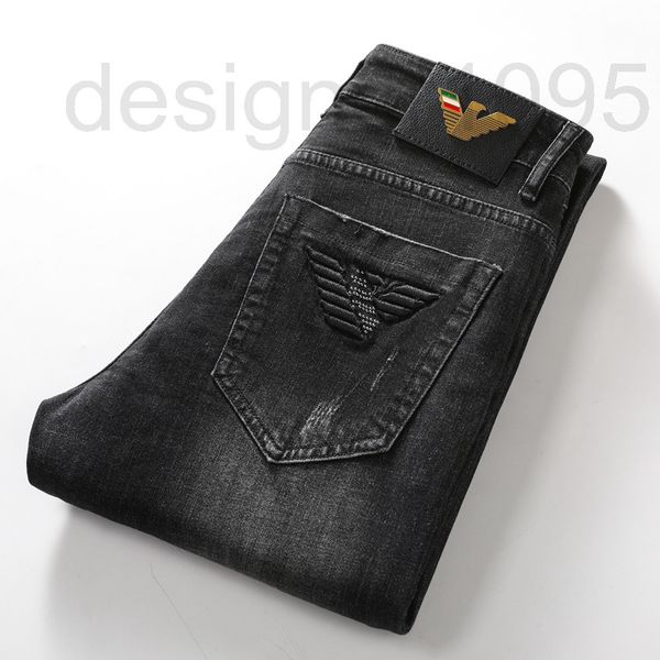 

men's jeans designer fashion brand black embroidery bead elastic slim fit small feet casual korean denim long pants fods, Blue