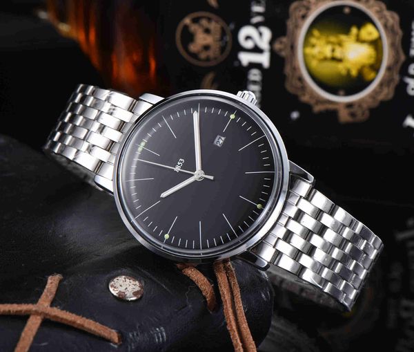 

2022 stylish casual men's watch simple wind quartz battery display calendar large diameter dial belt or steel band, Slivery;brown