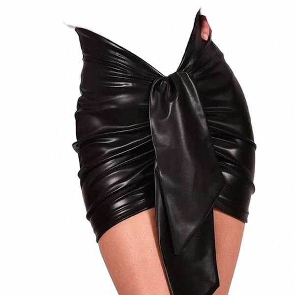

high waist pu bodycon mini skirts women solid black elegant draped front pencil short l5gr#