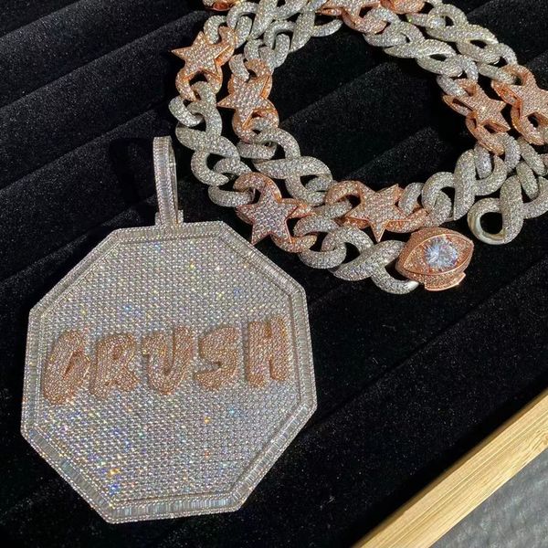 

super ale bling iced out gold plated full cz custom letter name hexagon pendant necklace jewelry gift with 3mm 24inch rope chain, Silver