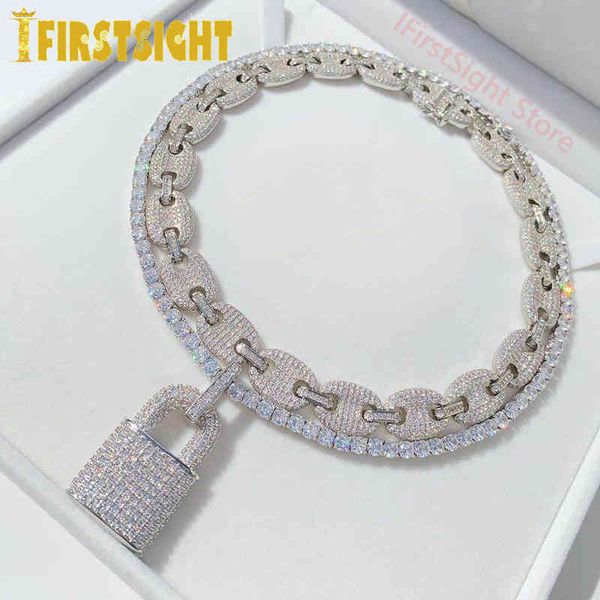 

hbp silver color lock pendant necklace 5mm tennis chain iced out bling cubic zircon charm choker for men women hip hop jewelry 220828