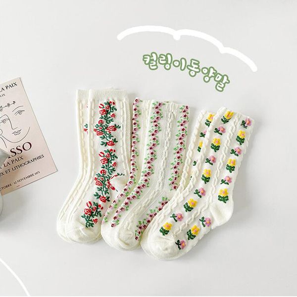 

socks flower embroidery tube socks kids toddlers girls knitt knee long soft cotton lace baby sock children calcetines 220919, Pink;yellow