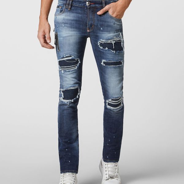 

plein bear men's jeans classical fashion pp man denim trousers rock star fit mens casual design ripped jeans distressed skinny biker cl, Blue