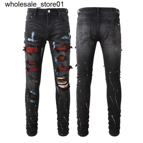 

men's jeans amirs fashion brand jeans autumn and winter black hole patch red diamond elastic pants male, Blue