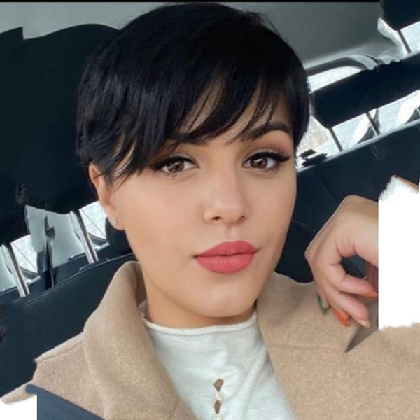 

natural color short bob straight wig human full machine made wigs with bangs brazilian virgin hair pixie cut wig for black women, Black;brown