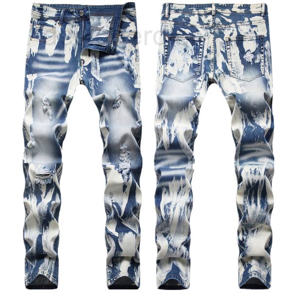 

men's jeans designer fashion trend men's broken holes washed small straight tube trendy pants casual whitening 6mbv, Blue