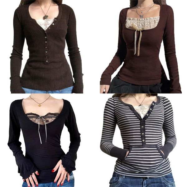 

women's t-shirt vintage lace patchwork cute cotton tshirts women korean fashion button fairy grunge y2k clothes casual spring autumn re, White