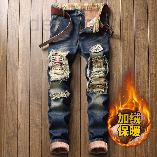 

men's jeans designer autumn and winter ragged beggar thermal insulation warm jeans personalized street fashion thickened flocking clip, Blue