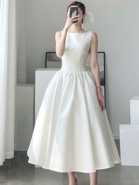 

vintage wedding dress satin backless tea length bridal gowns with big bow, White