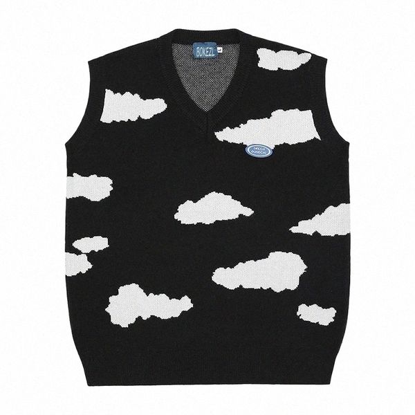 

men's vests bokezl hip hop jumper sweater vest men harajuku streetwear cloud pattern knitted women sleeveless1 b1qc#, Black;white