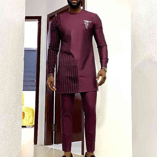 

men's tracksuits dashiki t-shirt men's summer and autumn round neck striped print long-sleeved african ethnic style men's sui, Gray