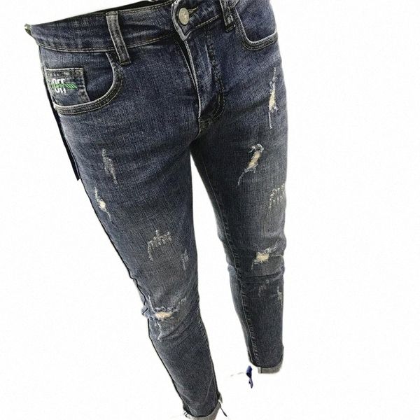 

men's jeans street teenagers washed blue ripped hole scratches denim trousers male summer feet wild korean style pencil pants1 b89o#
