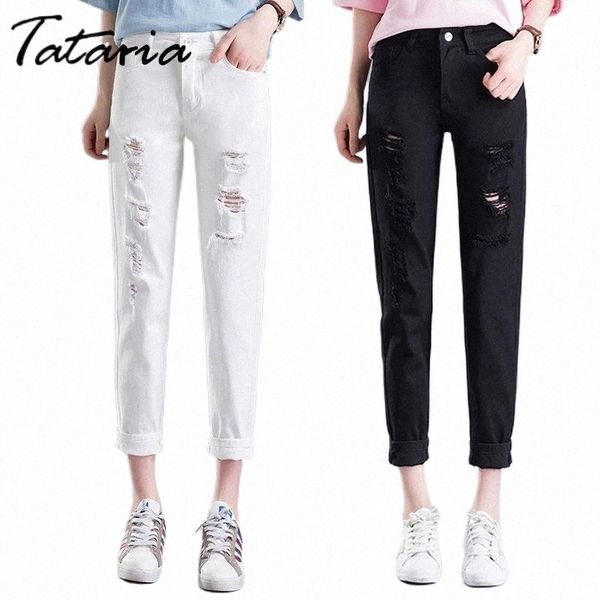 

women's jeans tataria high waist ripped hole women loose vintage harem female solid casual ankle length wide leg pants1 c9nf#, Blue