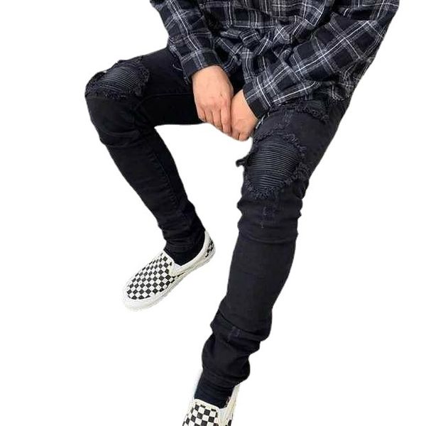 

men's jeans workwear black pleated hole patch stretch slim fit pure black pennies, Blue