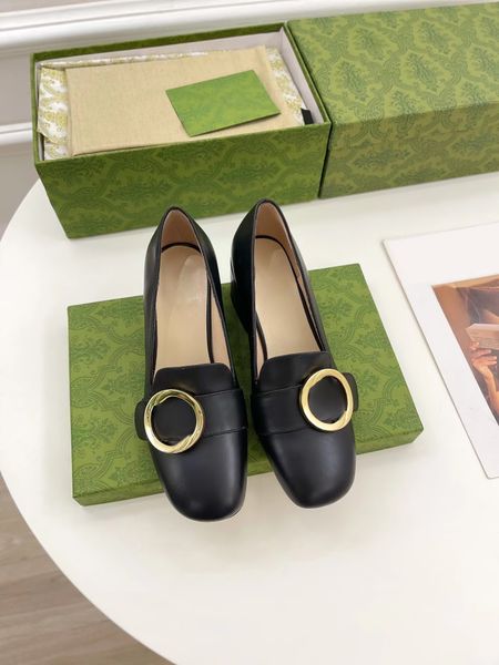 

luxury designer fashion leather shoes wholesale price sandals gold color buckle banquet shoe vintage chunky-heeled pumps round toe sling wit, Black