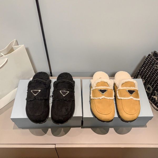 

women's classic inverted triangle fur slippers muller shoes designer winter half slides furry fluffy suede shearling mules sandal casua, Black
