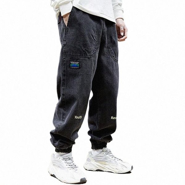 

men's jeans 2021 loose black/blue straight pants solid color casual baggy homme cargo pocket biker denim trousers w7ys#