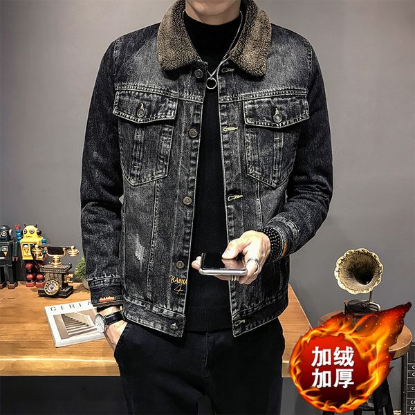 

men s jackets british style winter slim fit denim casual loose outerwear streetwear coats fashion thick fur warm jacket l220921, Black;brown