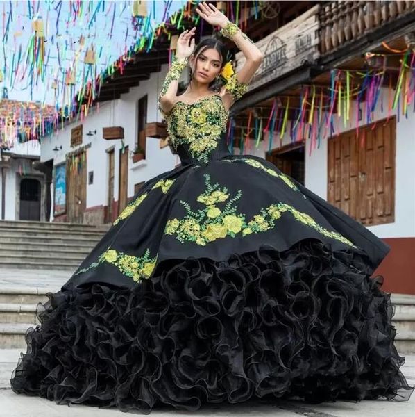 

mexican charro quinceanera dresses black satin off shoulder embroidery appliques beads lace-up ruffles vestidos de 15 anos, Blue;red