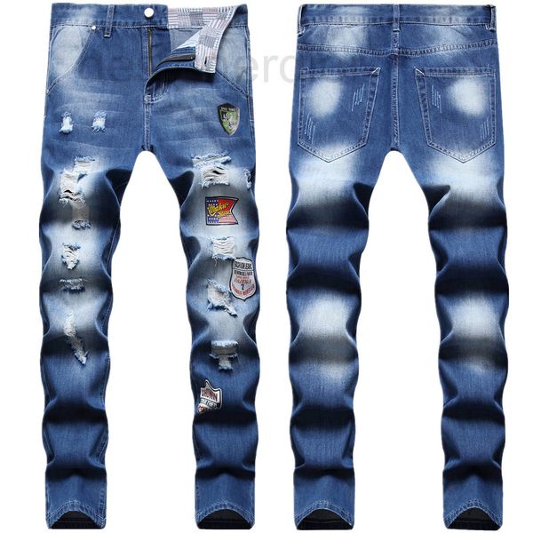 

men's jeans designer new four seasons multi cut holes dark blue stamping pattern small straight jeans for men jysf