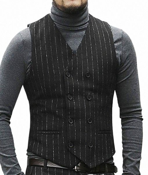 

men's vests vintage mens casual strip vest v neck notch waistcoat double-breasted business groomman for wedding1 578d#, Black;white