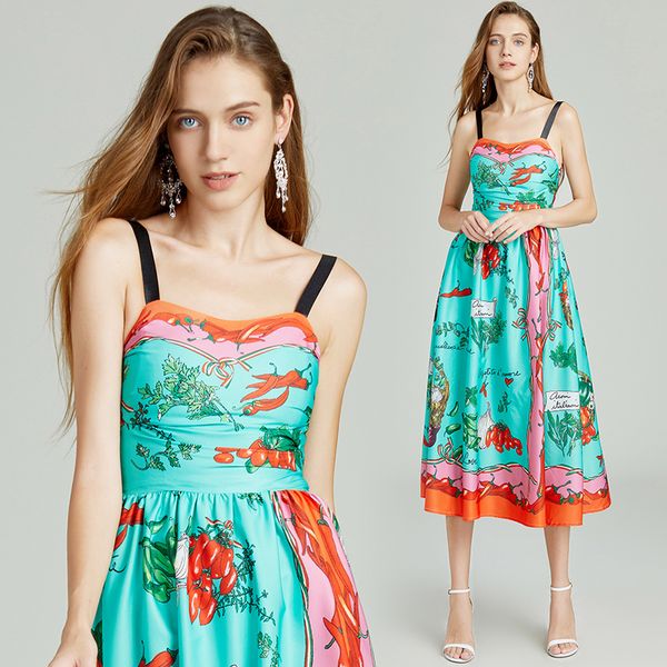 

elegant printed strap swing midi dress women 2022 designer runway suspender casual office party dresses european slim ladies beach resort co, Black;gray