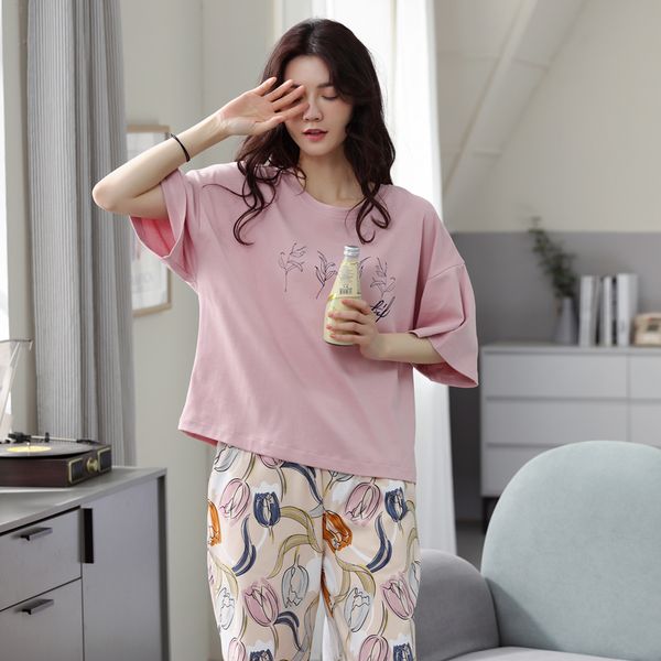 

women's lingerie homewear clothes super soft short sleeve and long sleeve pants available in plus size pajama set 8009.