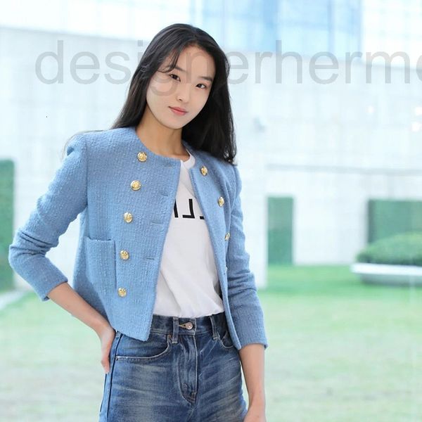 

women's jackets designer small fragrance denim blue wool double breasted tweed coat 2022 early spring new round collar celebrity suit f, Black;brown