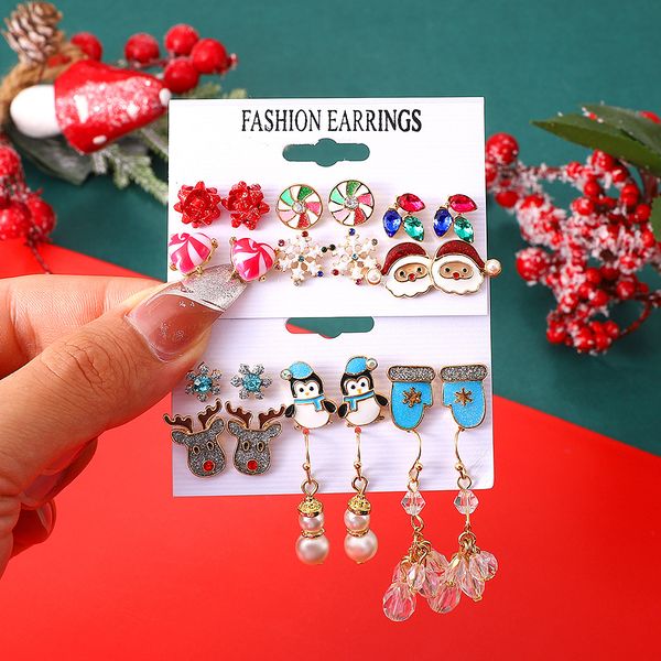 

s3216 fashion jewelry stud chirstmas earrings set snowflake elk santa claus dangle earrings 6pairs/set, Golden;silver