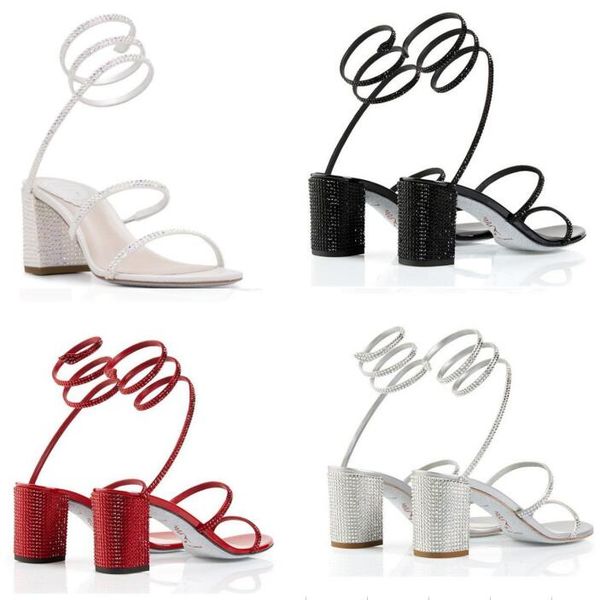 

aaa rene caovilla stiletto high heel sandals crystal karung snakelike twining rhinestone sandals women cleam spiked spiral square toe heels, Black