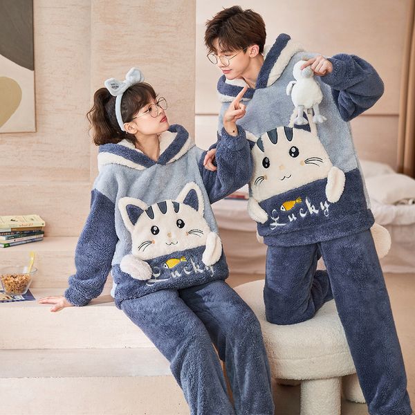 

men's sleepwear winter men cute pajamas thick couple large bust women pajama set flannel cartoon velvet sweatshirt hooded 220920, Black;brown