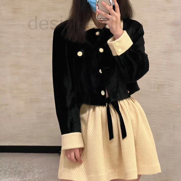 

women's jackets designer the right version autumn and winter of 2022 new corduroy wool cloth color matching slim short coat, Black;brown