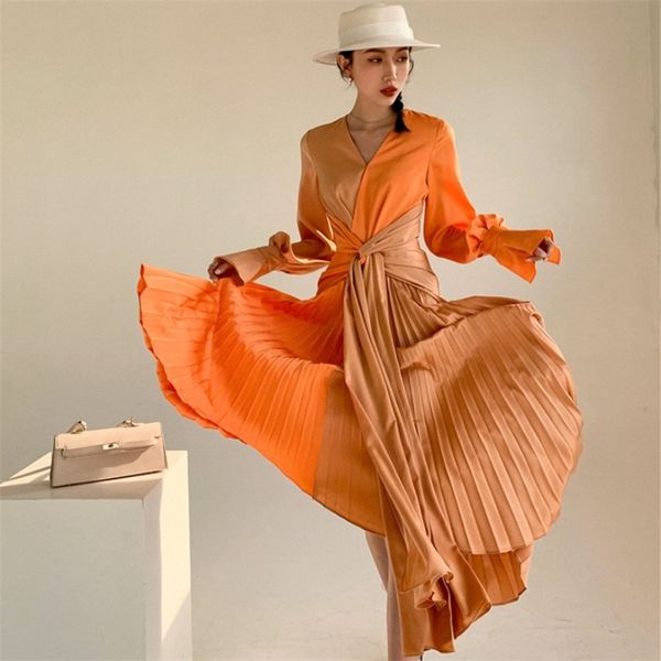 

casual dresses fashion women v-neck contrast color flare waist lace up orange long-sleeved 220921, Black;gray