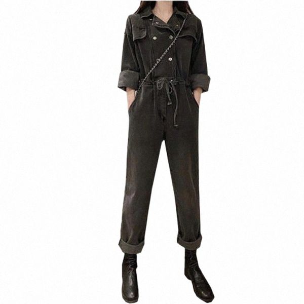 

women's jumpsuits & rompers loose thin overalls womens jumpsuit jenner solid safari style collar double breasted high waist long sleeve, Black;white