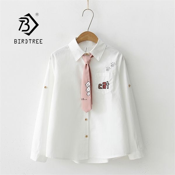 

women's blouses shirts women cartoon cat embroidery cotton white shirt turn-down collar button up cute school girls blouse with pink ti