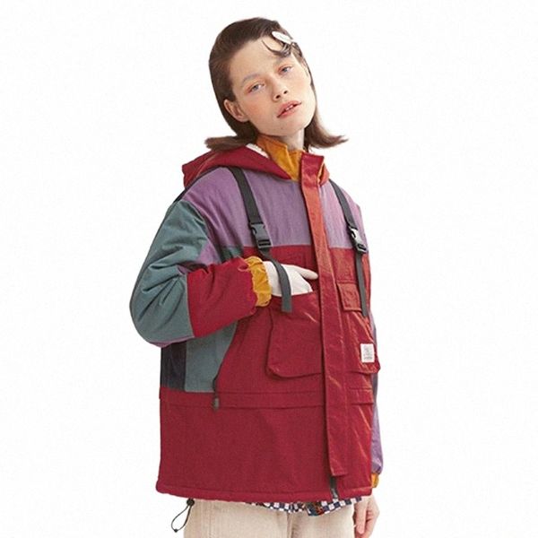 

women's jackets fashion design women spring hooded color block loose ladies hit patched pocket thick winter basic coats outwear1 v87g#, Black;brown