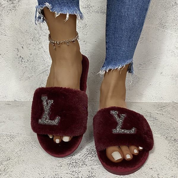 

luxurys rhinestone diamond logo fur slippers women paseo paris designer furry flat mule slides fashion ladies fluffy platform sandals indoor, Black