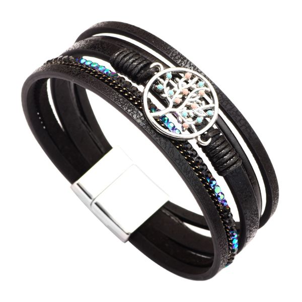 

tree of life charm bracelet magnetic buckle pu leather braided multilayer wrap bracelets wristband bangle cuff fashion jewelry for women, Golden;silver