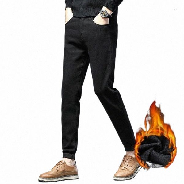 

men's jeans kolmakov 2021 winter men trendy thickened with velvet slim black pencil pants elastic skinny trousers male 27-361 c1ke#, Blue