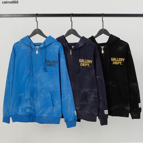 

men's hoodies sweatshirts high version american fashion gary dept letter printed washing water used men's and women's zipper, Black