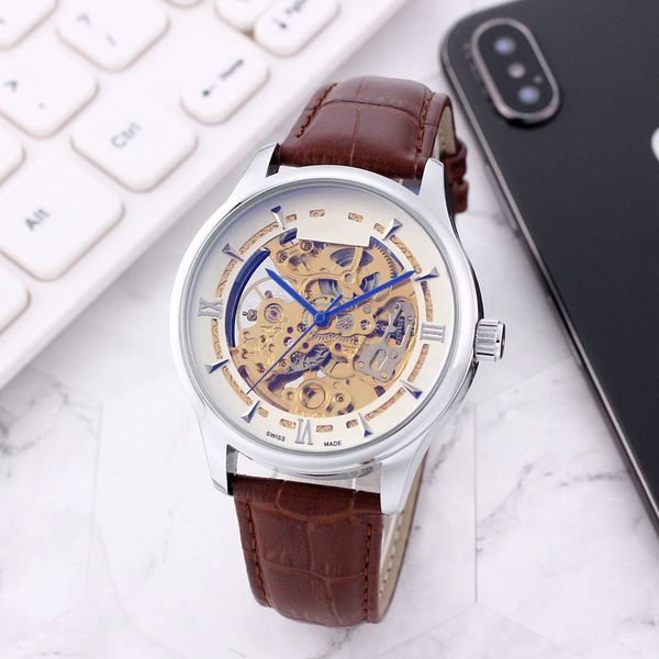 

brand luxury mens watches business gold men designer watch skeleton dial genuine leather strap mechanical automatic 43mm wristwatches for me, Slivery;brown